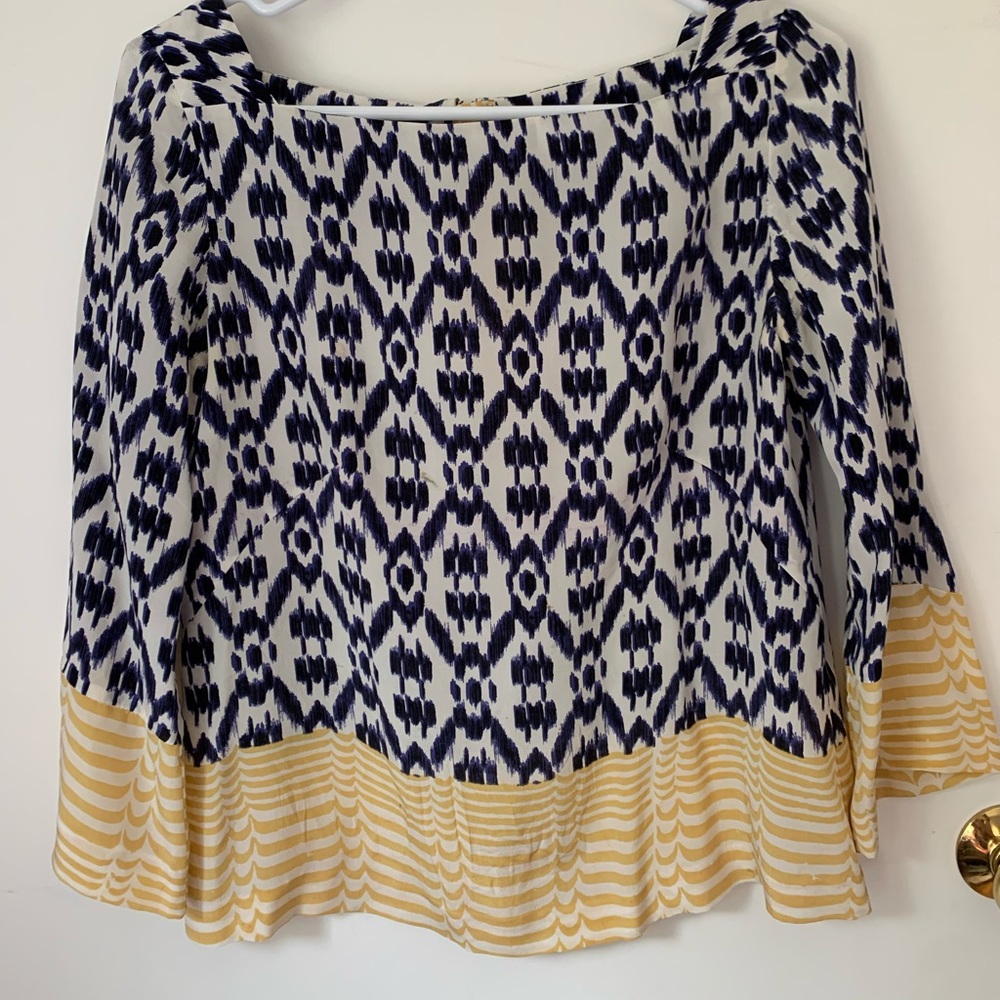 Blue geometric and yellow striped blouse